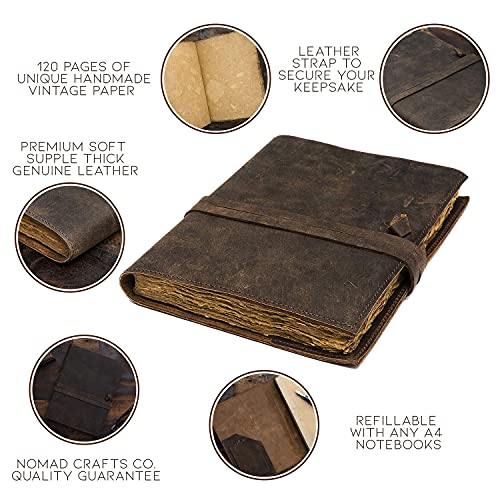 Refillable Vintage Leather Journal - Book of Shadows Journal, Vintage Journal, Writing Journal, Handmade Antique Deckle Edge Paper, Vintage Leather Journal (8.3" x 5.8" - A5, Vintage Brown)