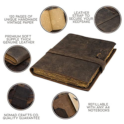 Refillable Vintage Leather Journal - Book of Shadows Journal, Vintage Journal, Writing Journal, Handmade Antique Deckle Edge Paper, Vintage Leather Journal (8.3" x 5.8" - A5, Vintage Brown)