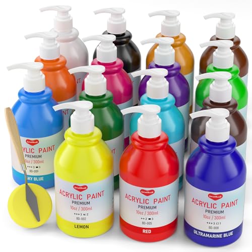 Smallbudi 15 Colors Large Bulk Acrylic Paint Set (10 oz,300 ml) Art Painting Supplies for Multi Surface Canvas Wood Leather Fabric Rock Craft, Non Toxic Paint for Kid & Adult with Pump, Color Wheel - color: 15 Colors 300ml