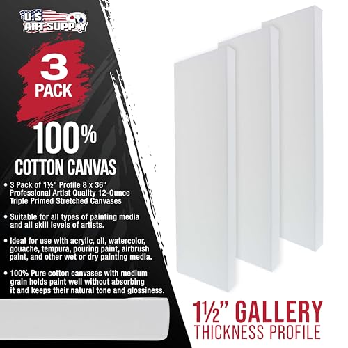 U.S. Art Supply Rectangle Stretched Canvas for Painting 8x36 inch Gallery Depth 1-1/2" Thick, 3-Pack - 12oz Acrylic Gesso Triple Primed, Professional Artist Quality, 100% Cotton - Oil, Pouring Paint - size: 8" x 36"