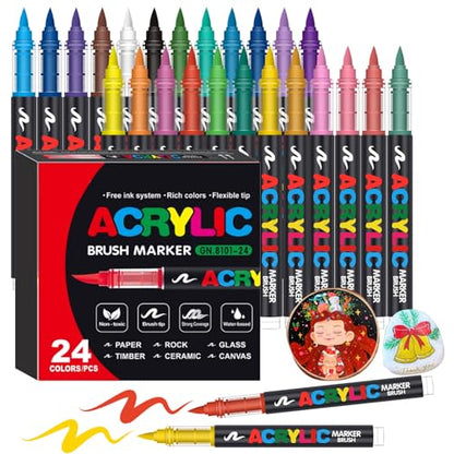 Amamao Acrylic Paint Markers, Soft Brush Tip Pens and Markers, Acrylic Paint Pens for Wood, Stone, Canvas, Glass, Fabric, Egg, Rock Painting and DIY Crafts Art Supplies (24) - style: 24 BOX
