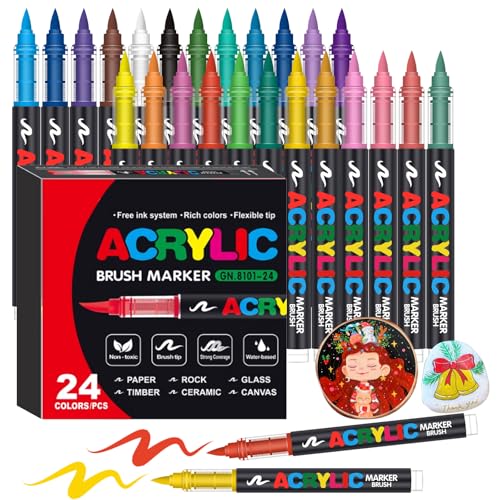 Amamao Acrylic Paint Markers, Soft Brush Tip Pens and Markers, Acrylic Paint Pens for Wood, Stone, Canvas, Glass, Fabric, Egg, Rock Painting and DIY Crafts Art Supplies (24) - style: 24 BOX