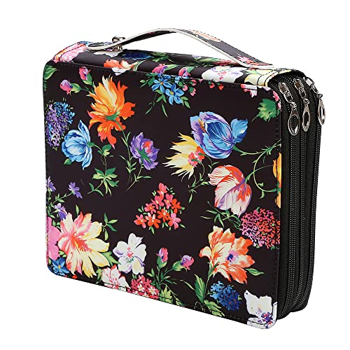 120 Slots Colored Pencil Case Organizer, 3 Layer Bag | Twill Oxford fabric,127 elastic loops,detachable handle,for travel, home storage,drawing tools,creative gifts - color: Black+Flower