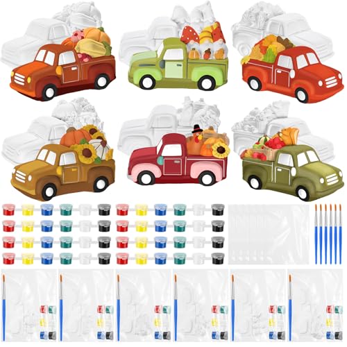 JellyArch 6 Set Fall Thanksgiving DIY Ceramic Painting Kit 3D Ready to Paint Your Own Truck with Pumpkins Turkey Maple Leaf Statues Unpainted Plaster Craft with Brush Paint Bag for Adult - style: Autumn