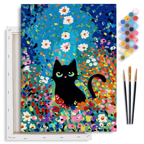 Fountor 12” W x 16”L Framed Paint by Numbers Kit for Adults Beginner, Black Cat Adult Paint by Number Kits on Canvas, Cat Flowers Acrylic Painting by Numbers for Home Decor Gift - color: Black Cat with Flowers, size: 12x16 Inch