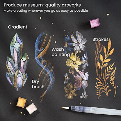 ARTEZA Metallic Watercolor Paint Set, 24 Shimmer Colors in Half Pans with Metal Tin and Water Brush Pen for Painting, Lettering, Calligraphy, Cards, Journals, and Art Projects - style: Metallic Paints, Set of 24