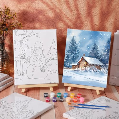 Zhanmai 72 Pcs 12 Sets Sip and Paint Kit Pre Drawn Canvas for Painting 8" x 10" Paint Party Canvas Painting Pre Printed Canvases for Party DIY Virtual Adult's Date Night(Winter Sonw) - style: Winter Sonw