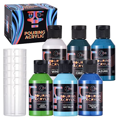OPHIR Premixed Acrylic Pouring Paint Kit, 3.8OZ/Bottles, White,Green, Azure, Leaf Green, Sky Blue, Metallic Blue, High Flow Water-Based Pour Paint Supplies for Pouring on Canvas, Wood, Rocks, 6 Colors - color: Green Earth Colors Set (6 Bottles)