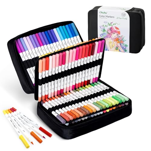 Ohuhu Markers Paper-friendly No Peeling Water-based 120 Colors Dual Brush Fineliner Tips Markers for Adult Coloring Books No Bleeding Drawing Pens for Kids Beginner Calligraphy - Pupe - style: 120 Colors