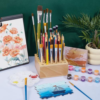 Beechwood Paint Brush Holder 42 Holes Paint Brush Storage Organizer Paintbrush Holder Organizer Wooden Block Pencil Holder for Makeup Brushes Pens and Art Tools