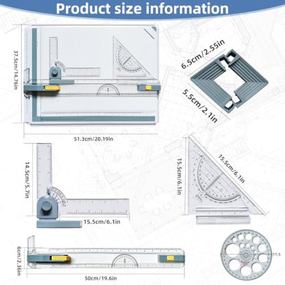 A3 Drawing Board Drafting Table Multifunctional Drawing Board Table with Clear Rule Parallel Motion and Angle Adjustable Measuring System, Inch - size: Inch