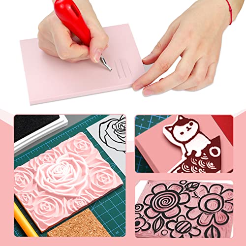 8 Pcs Pink Rubber Carving Linoleum Blocks for Stamp Crafts