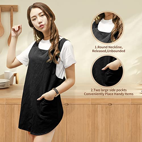 Shortened Design Apron, Japanese Style Soft Cotton Linen Apron with Two Side Pockets, X Cross Halter Aprons, Kitchen Cooking Clothes Present for Women DIY Project, Crafting, Cooking, Baking(Black) - color: Black, style: 1# Style-rounded Edge