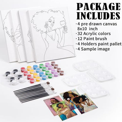 VOCHIC 4 Pack Sip and Paint Kit for Adults,Pre Drawn Canvas for Painting Party Supplies Girls Night Games Couples Paint Art Set Sip Girl 8x10 in - size: 8x10, style: Style 12