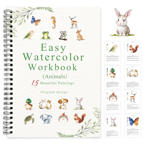 SLWBZ Watercolor Workbook Animals, 15 Different Patterns of Original DIY Designs, Beginner-Friendly Watercolor Workbooks, (Animals, Without Palette) - color: Animal, size: without palette