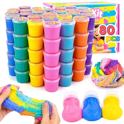 80 Pack Cloud Slime Kit for Boys Girls Ages 8-12, Bulk Birthday Gifts for Kids, Slime Set Party Favors Goodie Bag Stuffers, 4 5 6 7 8 9 10 Year Old Girl Cute Stuff, Soft Stress Relief Putty Toy - style: 80 Pcs Cloud Slime