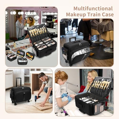 Bagmoly Rolling Makeup Case with 8 Removable Makeup Bags, Makeup Train Case on Wheels Cosmetology Case, Professional Makeup Artist Set Bags Trolley Suitcase Makeup Cart with Adjustable Dividers - color: 03-Black with 8 clear makeup bags