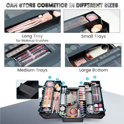 FRENESSA Makeup Case Extra Large Makeup Train Case 12.6 Inch Makeup Box Organizer Profressional Make Up Cases Storage Cosmetic Artist Travel Case with Divider Shoulder Strap Hard Vanity Dark Black - color: Dark Black