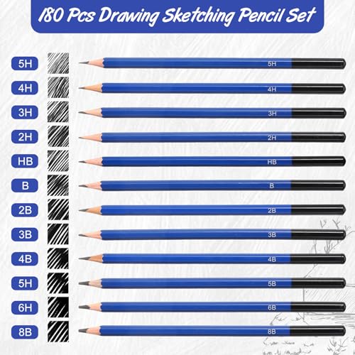 Humyoun 180 Pcs Graphite Sketch Pencil Set (8b - 5h) Professional Drawing Pencils Graphite Charcoal Gift Bulk for Beginners and Artists Art Sketching Supplies