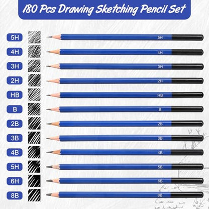 Humyoun 180 Pcs Graphite Sketch Pencil Set (8b - 5h) Professional Drawing Pencils Graphite Charcoal Gift Bulk for Beginners and Artists Art Sketching Supplies