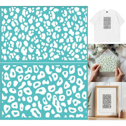 2 Sheets Leopard Pattern Silkscreen Stencil for Painting, Animal Print Border Plastic Mesh Transfers Stencil Reusable Self-Adhesive Silk Screen Printing for Wall Border Wood Fabric Home - style: Leopard