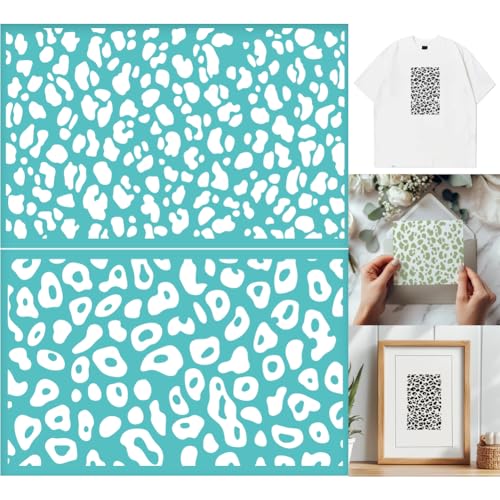 2 Sheets Leopard Pattern Silkscreen Stencil for Painting, Animal Print Border Plastic Mesh Transfers Stencil Reusable Self-Adhesive Silk Screen Printing for Wall Border Wood Fabric Home - style: Leopard