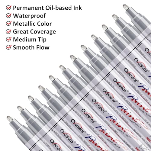 Lesun Silver Paint Pens Markers - 12 Pack Waterproof Oil-Based Paint Pen Set Quick Dry and Permanent Markers for Metal, Rock Painting, Stone, Ceramic, Wood, Fabric, Plastic, Canvas, Glass, Mugs, Tires - color: Silver
