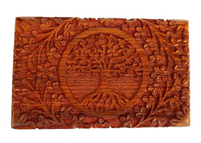 Ajuny Hand Carved Wooden Keepsake Box, Tree of Life Jewelry Box for Women | Acacia wood memory & trinket box, red velvet lined, 8x5 in. Decorative keepsake gift box for jewelry, watches, treasures