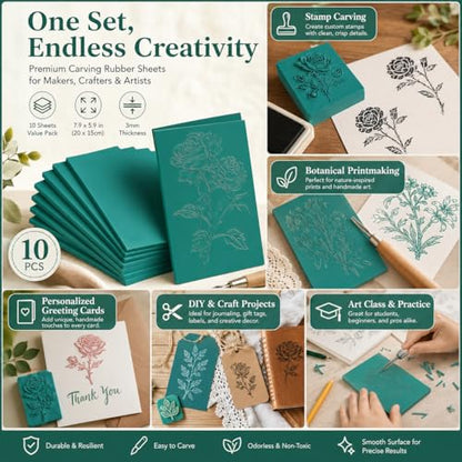 LDXDRU 10 Pcs Linocut Block Green 6" x 8", Rubber Blocks for Carving 3 mm Soft Printing Plates, Rubber Carving Block Sheets for Stamp Making, Art Class, DIY Printmaking