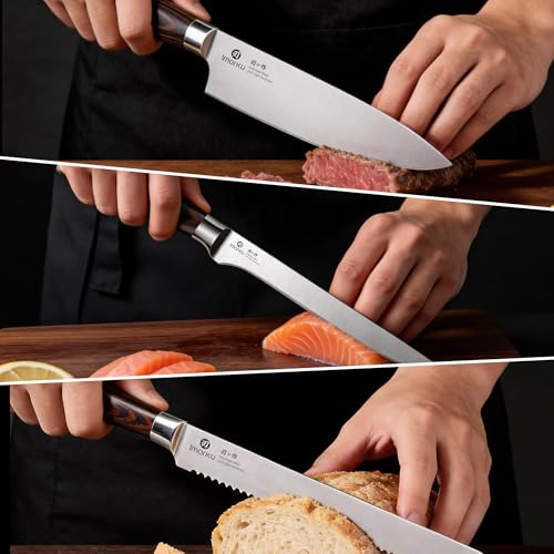 imarku Knife Set, 3 Piece Japanese High Carbon Stainless Steel | Razor Sharp 8 inch Chef Knife, 10 inch Bread Knife and 6 inch Boning Knife for Meat, Bread, Vegetables and Kitchen Prep - color: Pakkawood Brown