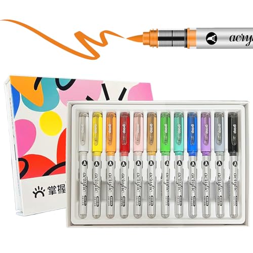 12 Colors Acrylic Paint Markers Set, Water Based Acrylic Paint Pens With Visual Ink Window,Soft Brush Tip Acrylic Markers for canvas, Egg, rock painting,Wood, Stone, Glass, Fabric and DIY Crafts Art