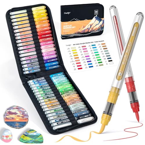 JusArt 36 Colors Acrylic Paint Markers with Canvas Bag, Water-Based No-Bleed Paint Pens with Automatic Ink Control, Waterproof Brush Tip Markers for DIY Art & Crafts -Fabric, Rock, Wood, Glass, Metal - color: 36 Colors