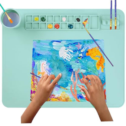 Silicone Painting Mat, 20"x 16" Silicone Art Mat with Cup, Kids Painting mat for Resin, DIY, Drawing Resin, Paint, Clay， Large Craft, (Blue) - color: Blue