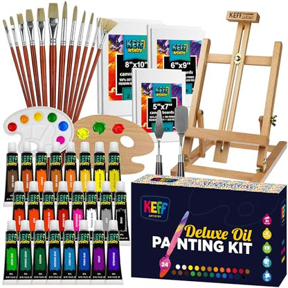 KEFF Oil Paint Set for Adults and Kids - Art Supplies Painting Kits with 24 Oil Paints, Stretched Canvas, Art Easel, Brushes, Palette, Knives and Paper Pad
