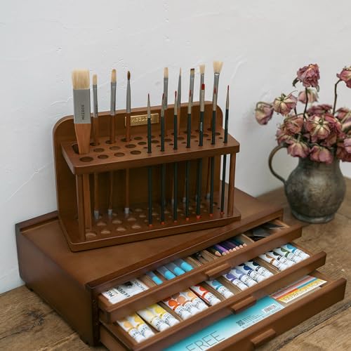 MEEDEN PRO Paint Brush Holder - Wooden Paints Brush Organizer - Paint Brushes Holder for Artist - Art Supply Storage for Desk, Arts and Crafts - size: 1 Tier