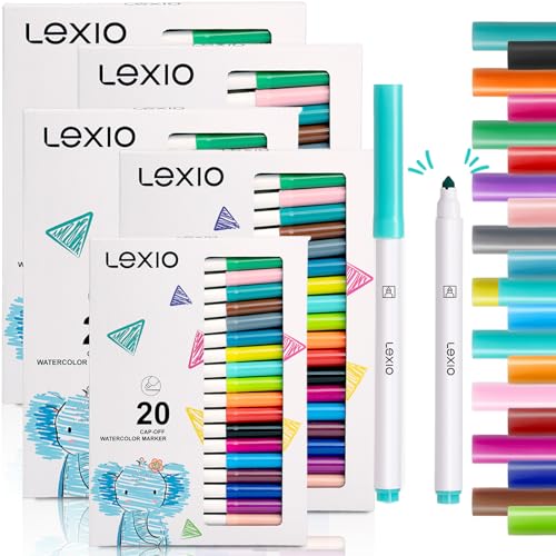Lexio Washable Markers For Kids, 20 Vibrant Coloring, Washable Non Toxic Markers for Toddlers, Conical Tip, Easy Clean Coloring Book Marker Set for Kids Toddlers Adults Students (5 Box | 100 Markers) - size: 20 Count (Pack of 5)