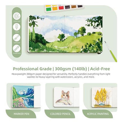 Watercolor Sketchbook Journal, 5.5" Square, 300 GSM Fine Grain Cold Press Paper, 48 Pages, 140lb Heavyweight Cotton Pad for Mixed Media, Gouache & Travel Sketching