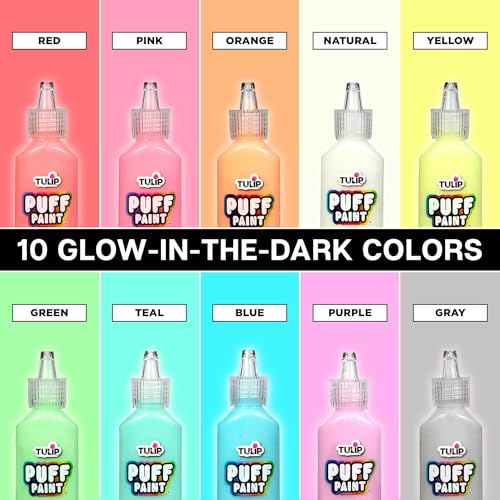 Tulip Puff Paint Glow in the Dark Colors 10-pack, Multi-Surface, Premium Quality, Nontoxic & Waterproof Craft Paint, Permanent on Fabric, 10-pack - color: Glow
