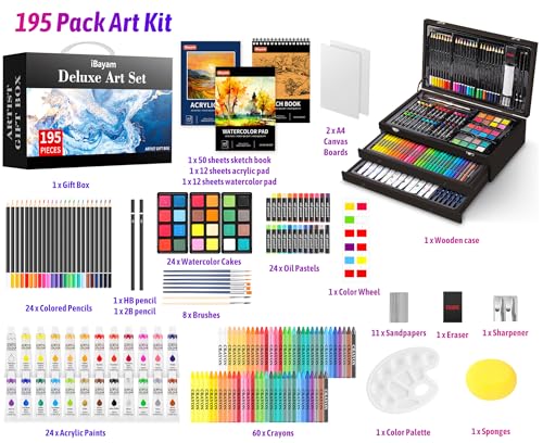 iBayam Deluxe Art Set,195-Pack Artist Gift Box, Arts and Crafts Drawing Painting Kit Art Supplies for Adults Teens Kids, Art Kits with 24 Acrylic Paint, Sketchbook, Canvases, Crayons, Pencils - color: Black