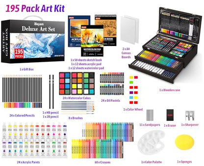 iBayam Deluxe Art Set,195-Pack Artist Gift Box, Arts and Crafts Drawing Painting Kit Art Supplies for Adults Teens Kids, Art Kits with 24 Acrylic Paint, Sketchbook, Canvases, Crayons, Pencils - color: Black