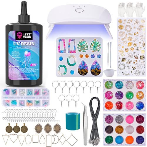 LET'S RESIN UV Resin Jewelry Making Kit - 153Pcs Crystal Clear 250g UV Resin Kit with Light, UV Resin Molds, Resin Starter Kit for Beginners, Keychain&Earring Making, Craft Decor - size: 250g Jewelry Making Kit