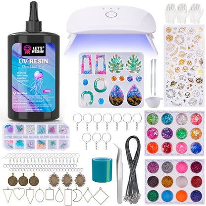 LET'S RESIN UV Resin Jewelry Making Kit - 153Pcs Crystal Clear 250g UV Resin Kit with Light, UV Resin Molds, Resin Starter Kit for Beginners, Keychain&Earring Making, Craft Decor - size: 250g Jewelry Making Kit
