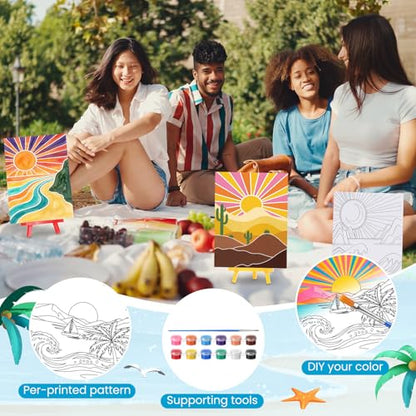Blosssound 10 Set Pre Printed Sunrise Canvas Pre Drawn Canvas Painting with Easel Kits 5" x 7" Outline Painting Panels for Beginners, DIY Craft Project, Party Favor, Home Decors - style: Sunrise