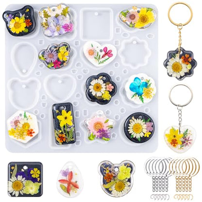 LET'S RESIN Keychain Resin Molds Silicone with Hole, 16 Cavities UV Resin Jewelry Pendant Mold for Beginner, Epoxy Resin Molds for Keychain Pendant Jewelry Making - color: Geometric Keychain Molds