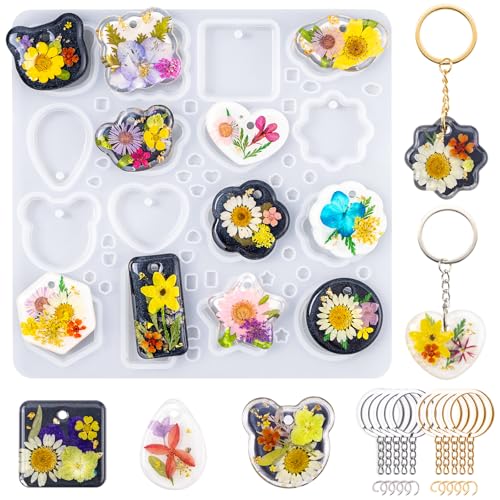 LET'S RESIN Keychain Resin Molds Silicone with Hole, 16 Cavities UV Resin Jewelry Pendant Mold for Beginner, Epoxy Resin Molds for Keychain Pendant Jewelry Making - color: Geometric Keychain Molds