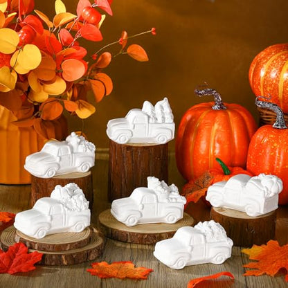 JellyArch 6 Set Fall Thanksgiving DIY Ceramic Painting Kit 3D Ready to Paint Your Own Truck with Pumpkins Turkey Maple Leaf Statues Unpainted Plaster Craft with Brush Paint Bag for Adult - style: Autumn