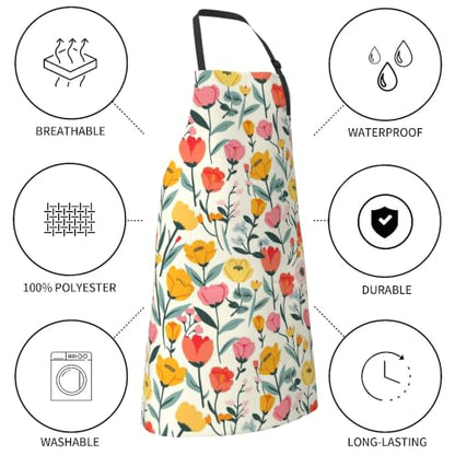 Cream Pastel Wildflower Art Waterproof Apron with Pockets | Garden Aprons for Men Women Adjustable Bib Apron for Cooking Kitchen Baking BBQ Painting Housework Oil Resistant - color: Cream Tulip Garden