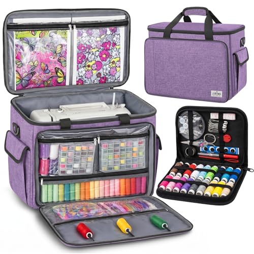 JJRING Sewing Machine Carrying Case, Portable Sewing Machine Bag with Shoulder Strap, Heavy Duty Sewing Machine Tote Suitable for Standard Sewing Machines With 29pc Sewing Set, Purple - color: Purple, size: Large