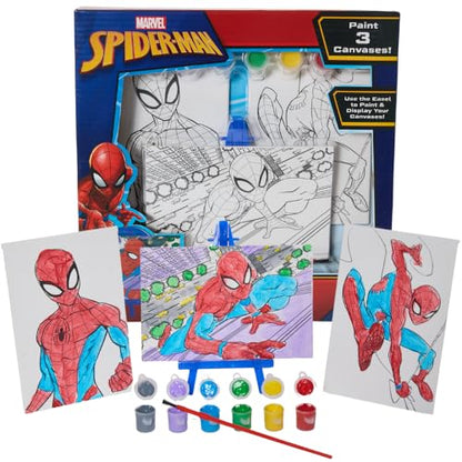 Innovative Designs Marvel Spiderman Canvas Paint Set for Kids with 3 Canvases, Acrylic Paint, Paintbrush, & Easel - color: Spiderman