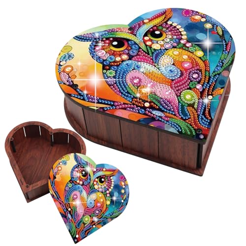 5D Heart-Shaped Diamond Painting Wooden Storage Box DIY Owl Art Painting Storage Box Kit Diamond Art Jewelry Boxes Large Capacity Organizer Case Desktop Decor for Valentine's Day Gift - color: Blue owl